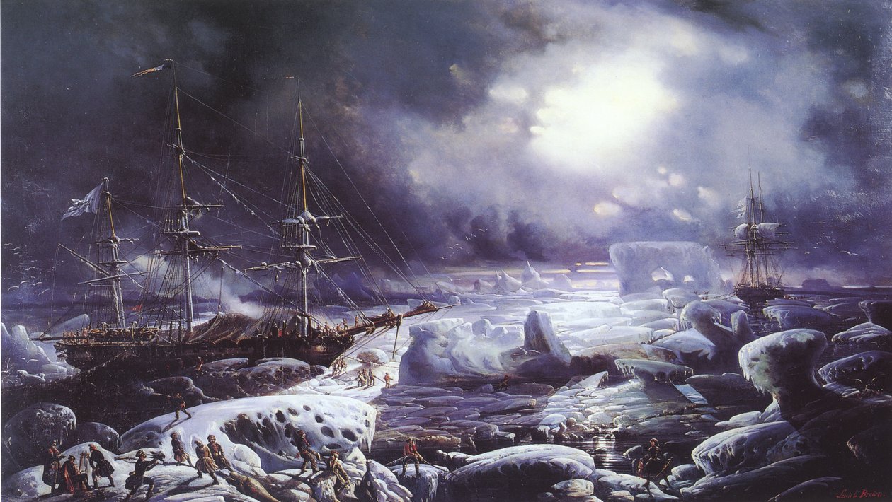 De Astrolabe en Zélée gestrand in de Australische Oceaan in februari 1838 door Louis Le Breton