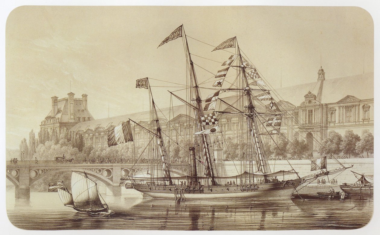 De Sole, eerste langeafstandsschip met schroef, voor anker voor de Tuilerieën in Parijs door Louis Le Breton