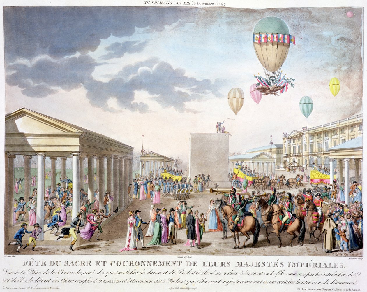 Heilig festival en kroning van hun keizerlijke majesteiten, uitzicht op de Place de la Concorde, Parijs, gegraveerd door Marchand, gepubliceerd 1806 (handgekleurde gravure) door Louis Le Coeur