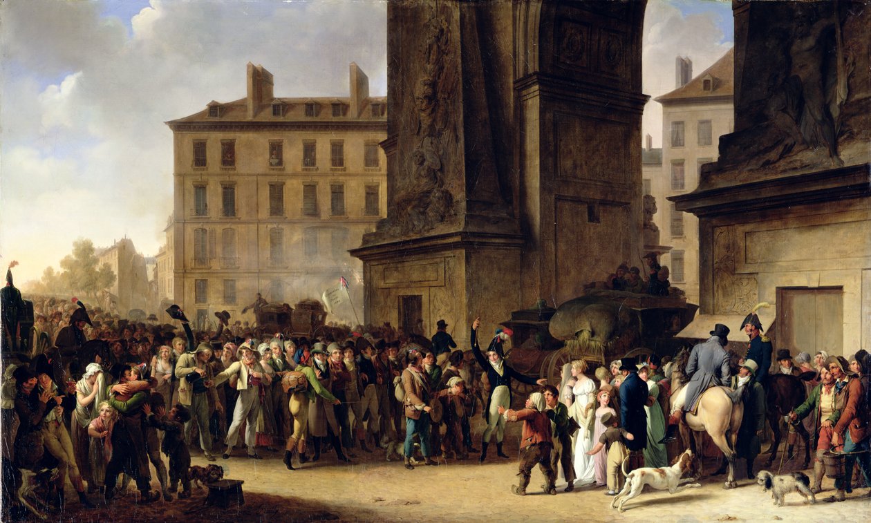 De Dienstplichtigen van 1807 marcheren langs de Poort van Saint-Denis door Louis Leopold Boilly