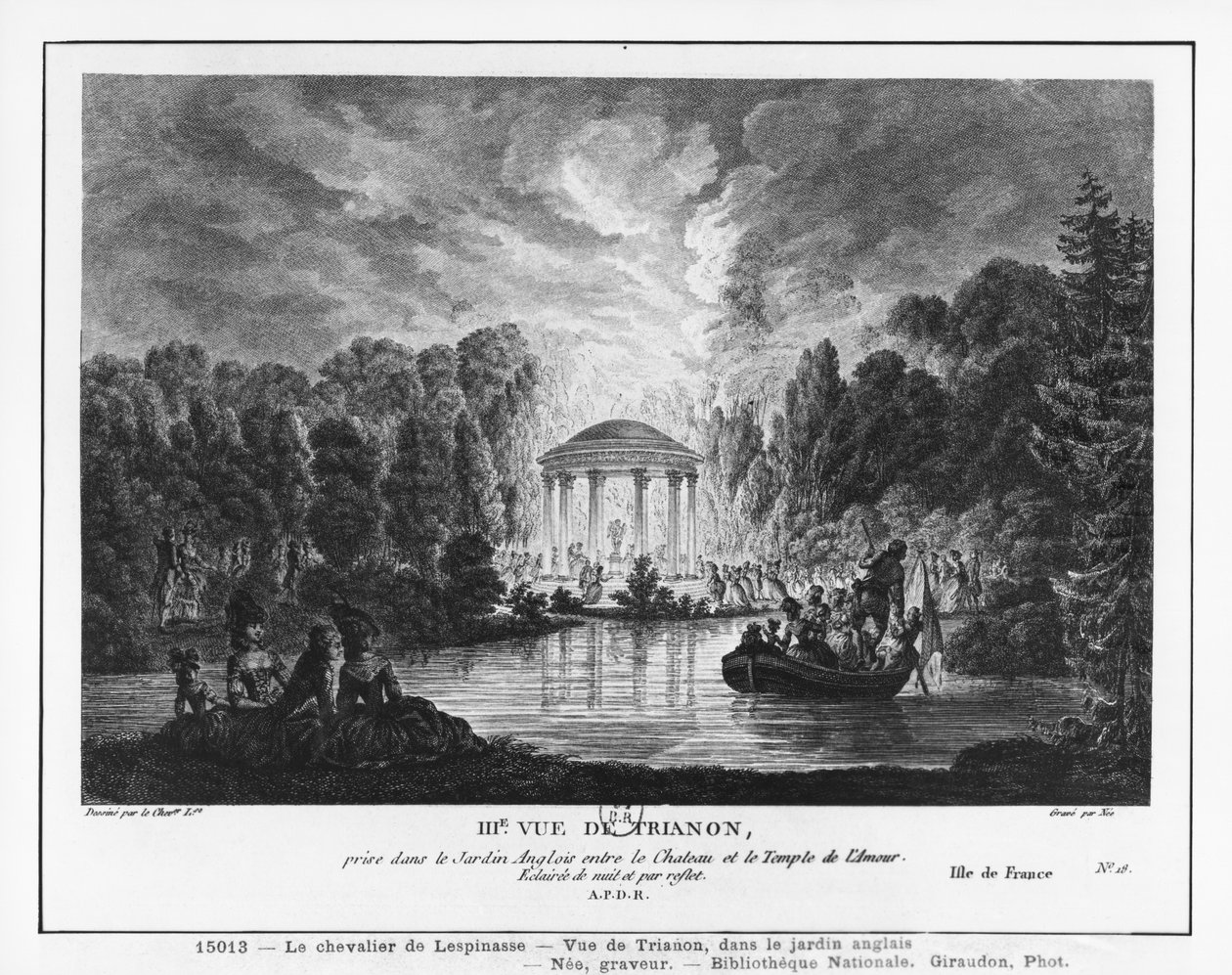 Derde uitzicht op Trianon, genomen vanuit de Engelse tuin tussen het kasteel en de Tempel van Liefde, gegraveerd door Francois Denis Nee (1732-1817) door Louis Nicolas de Lespinasse