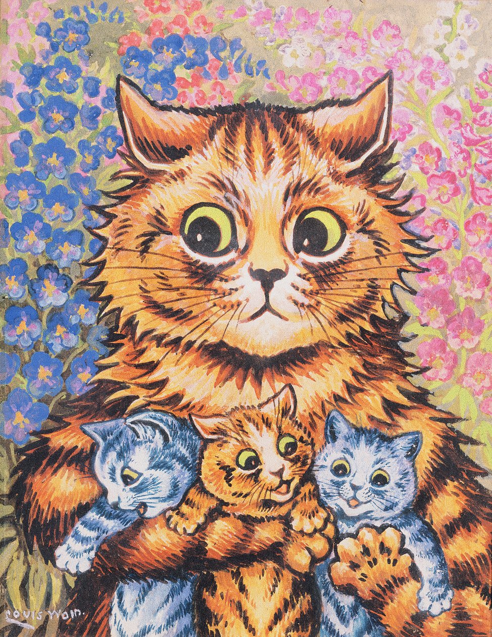 Een kat met haar kittens door Louis Wain