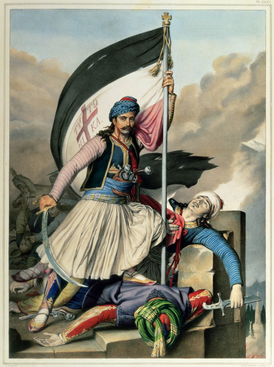 Reis naar Athene en Constantinopel: Nickolaki Mitropolos die de standaard van het Kruis neemt in Salona op Paaszondag in 1821, 1825 door Louis after Dupre