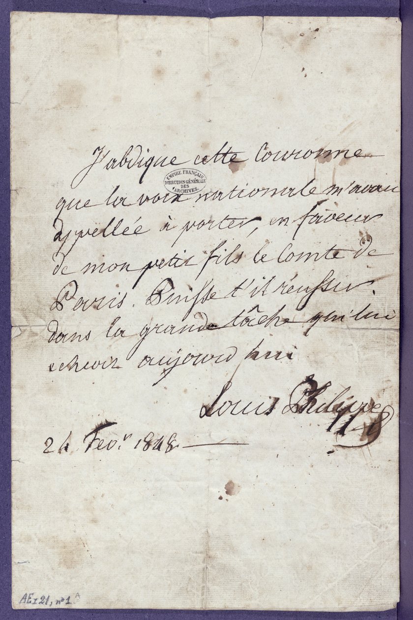Akkoord van troonsafstand door Louis-Philippe (1773-1850) ten gunste van zijn kleinzoon, Louis-Philippe Albert d