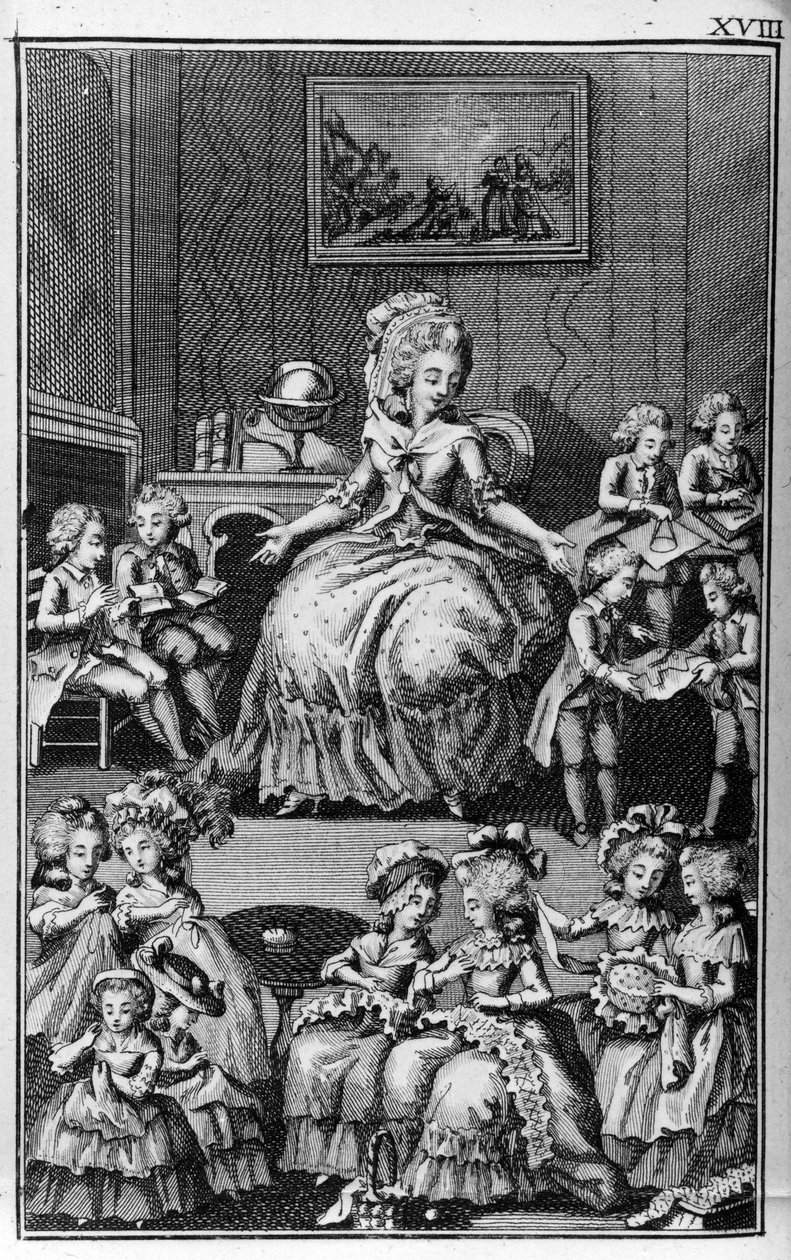 Illustratie door Louis Binet (1744-1800) voor het boek van Nicolas Edme Restif de La Bretonne "Les Parisiennes", of XL Algemene Karakters Genomen in de Moderne Moors, geschikt om te dienen als instructie voor de Persoon-du-Sexe, getrokken uit de memoires v door Louis (after) Binet
