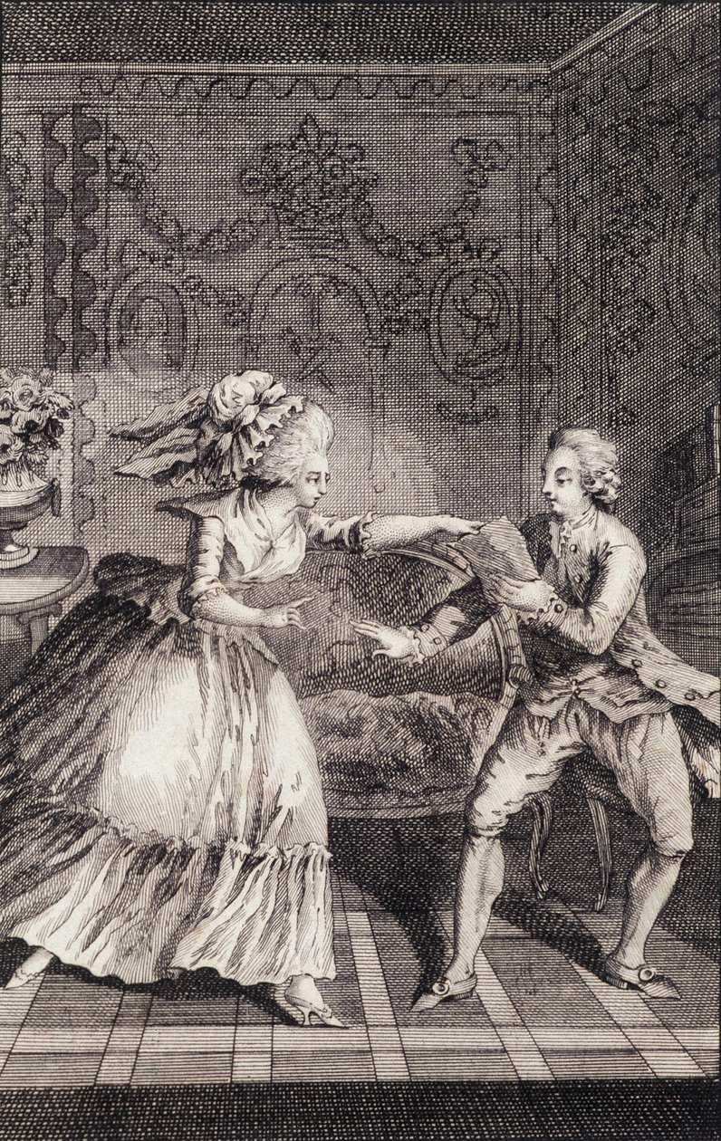Le billet doux subtilisé (libertinage) - in "Les françaises ou 34 voorbeelden gekozen in de huidige zeden geschikt om dochters, vrouwen, echtgenotes, moeders te leiden" door Restif de La Bretonne (1734-1806), ill. door Binet, Neufchâtel door Louis (after) Binet
