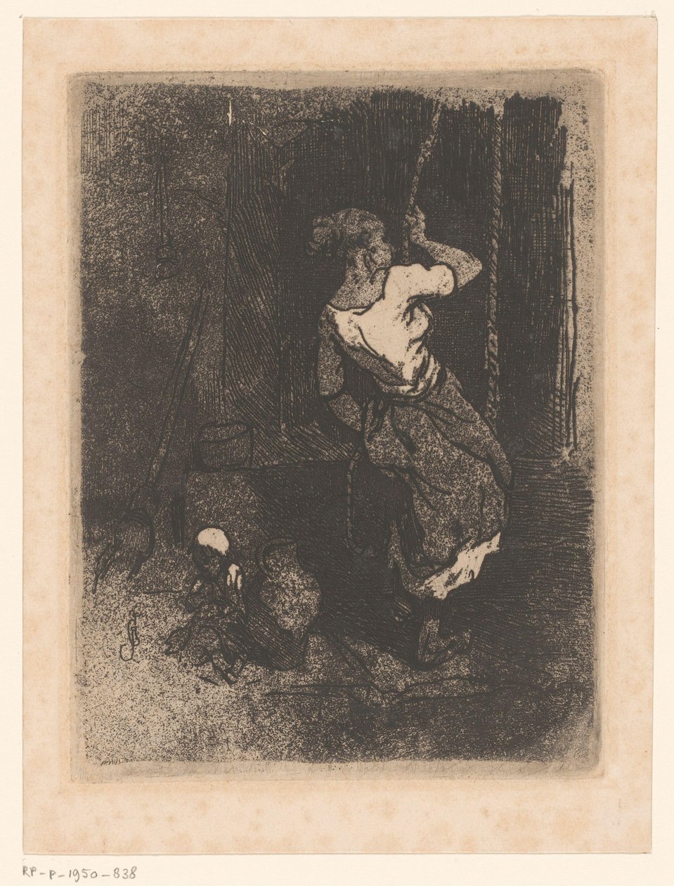 Vrouw haalt water uit een put, naast haar een zittend kind door Louis Adolphe Hervier (attributed to)
