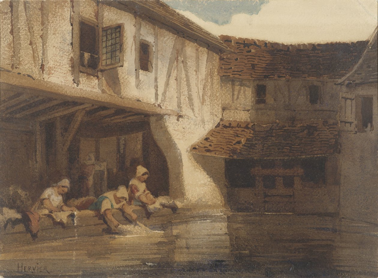 Wassende vrouwen in een open hal van een huizencomplex aan het water door Louis Adolphe Hervier (signed by artist)