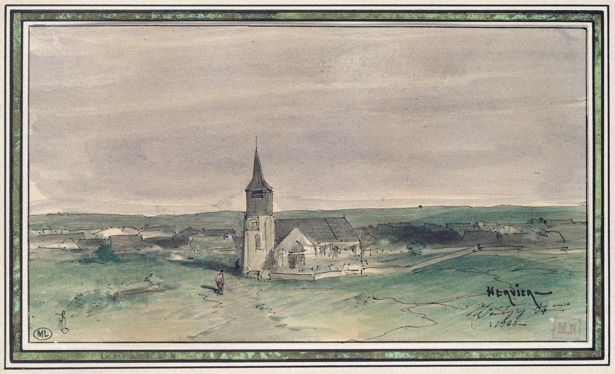 Kerk en dorp in het midden van een veld, Montigny, 1866 door Louis Adolphe Hervier