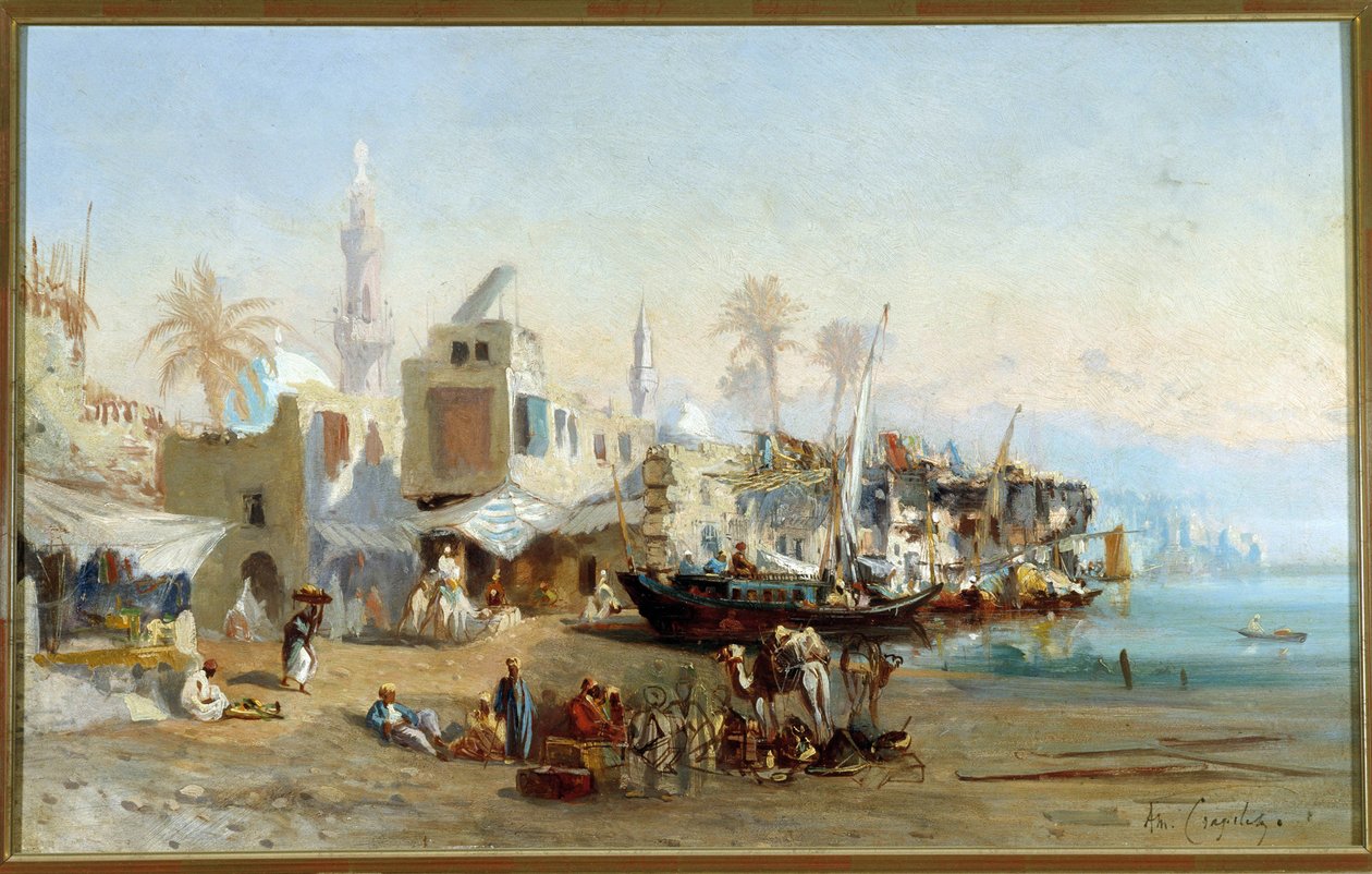 Vissers en moskeeën van de haven van Boulack in Egypte door Louis Amable Crapelet