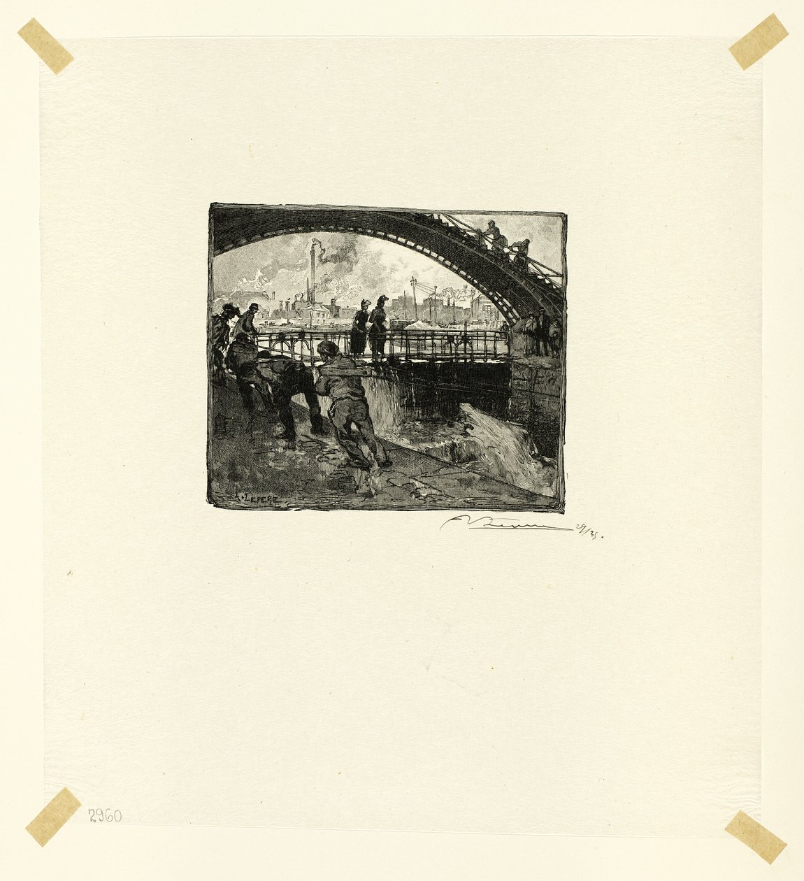 Sluis van het Canal Saint-Martin, plaat zes uit Le Long de la Seine et des Boulevards door Louis Auguste Lepère