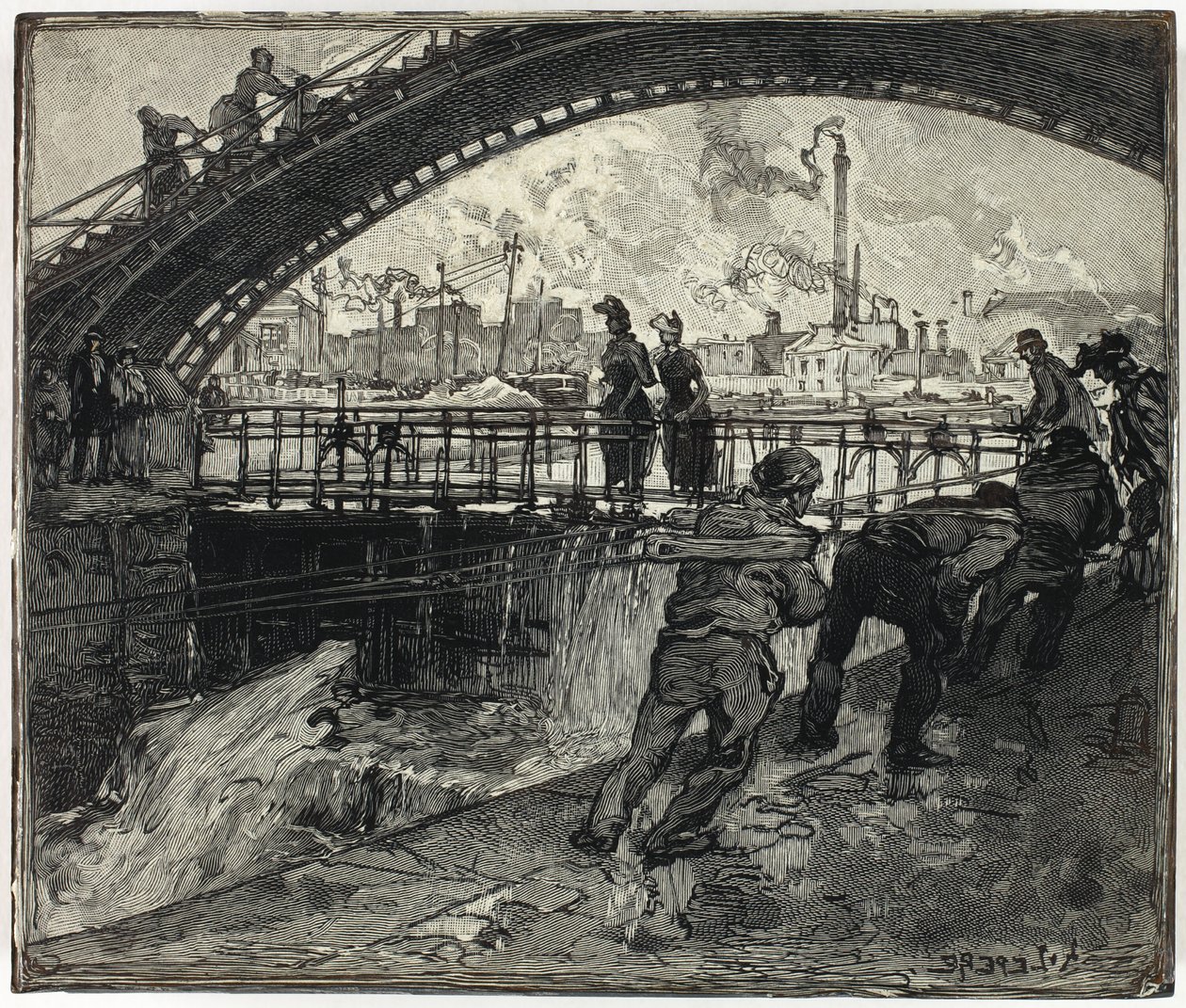 Houtblok voor sluis van het Canal Saint-Martin door Louis Auguste Lepère