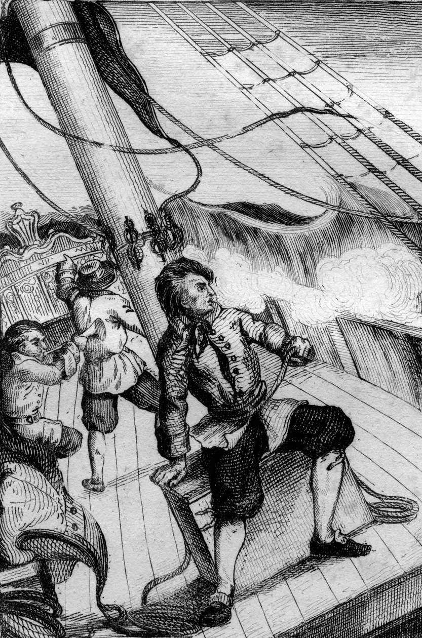 Elke minuut verwachtte ik te worden verzwolgen, gravure naar de tekening van M. de Sainson voor het boek van Daniel Defoe 