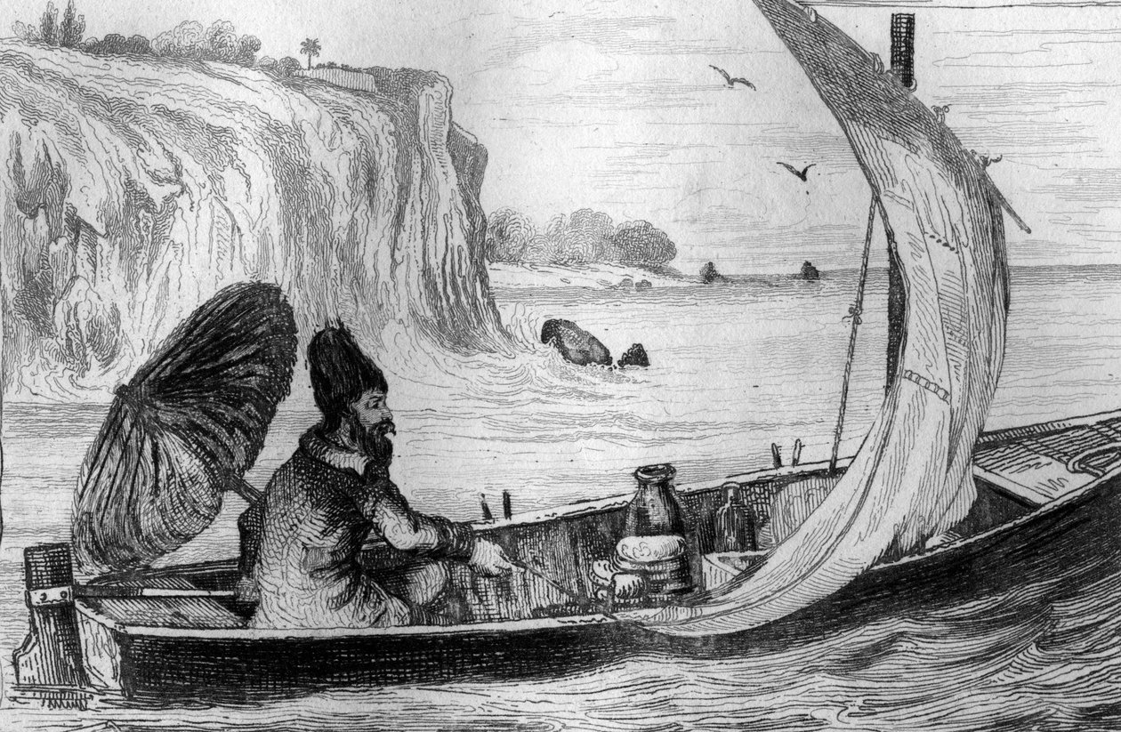 Ik werd door de stroom meegesleurd gravure naar de tekening van M. de Sainson voor het Boek van Daniel Defoe "Robinson Crusoe" Franse editie van 1837 door Louis Auguste de Sainson