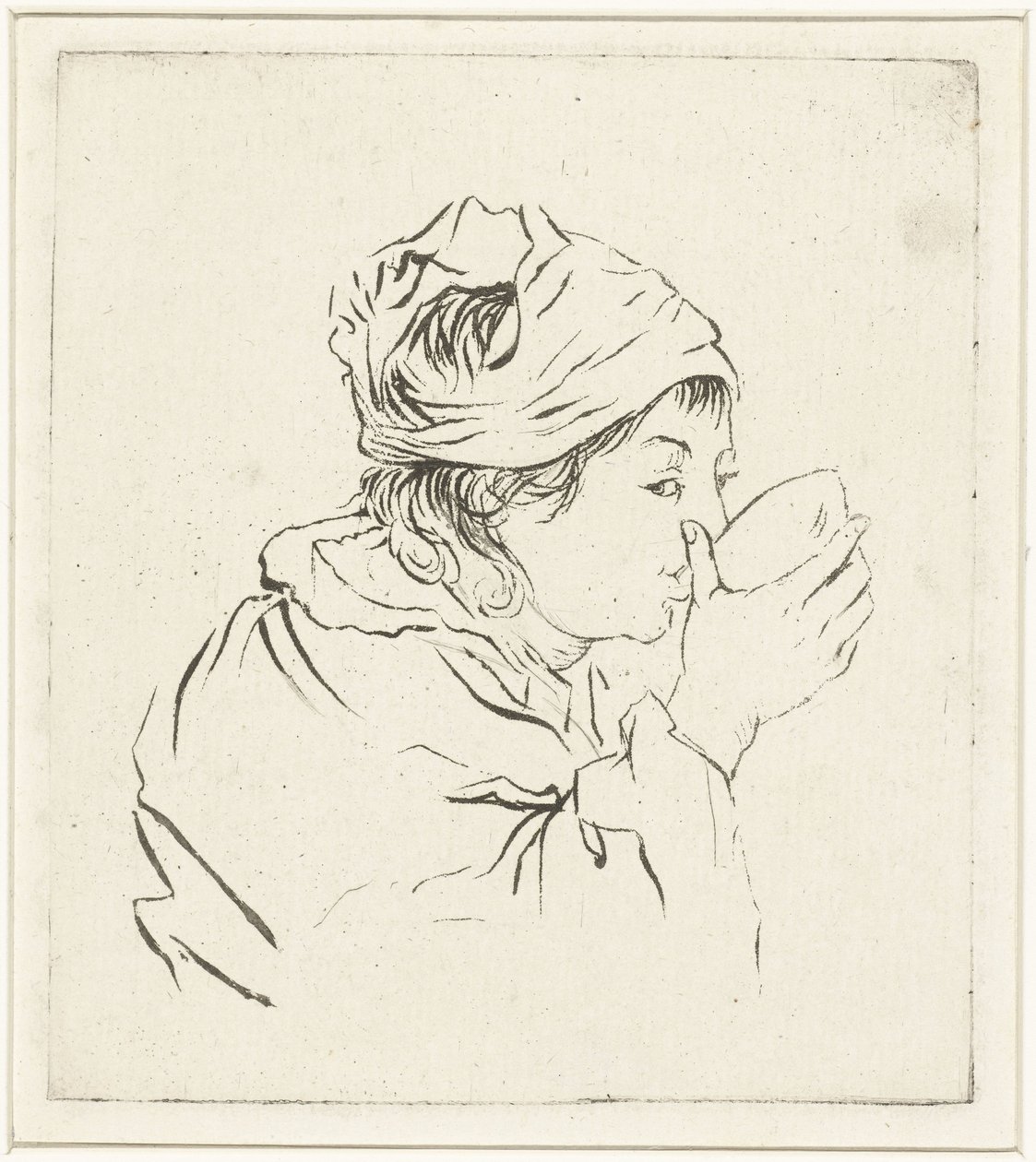 Borstbeeld van een drinkende vrouw met hoofddoek door Louis Bernard Coclers