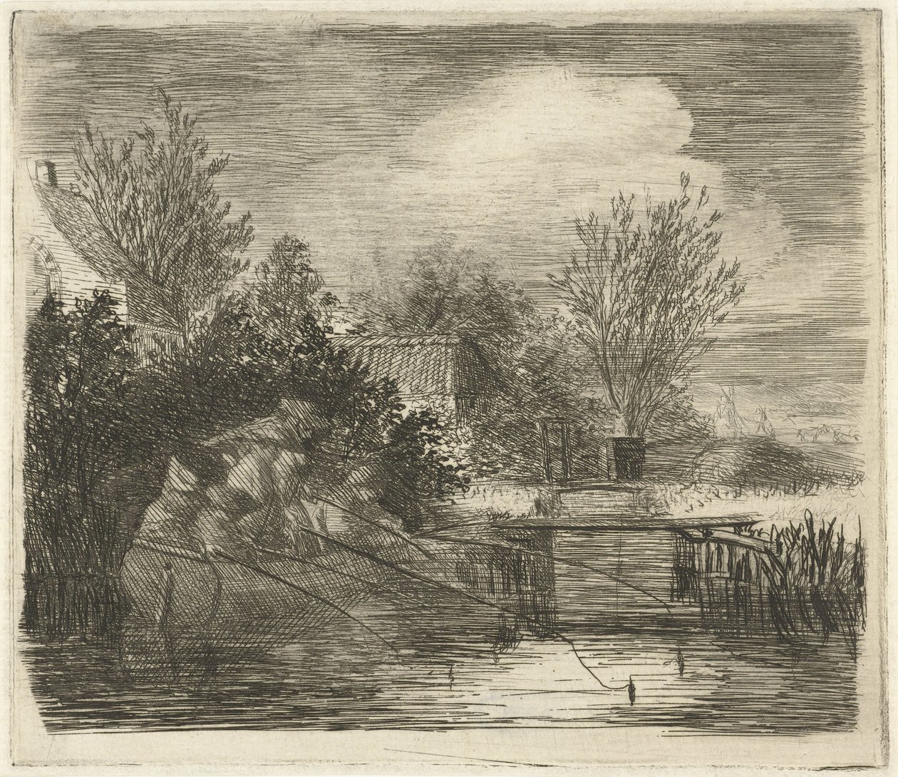 Hengelaars bij een rivier door Louis Bernard Coclers