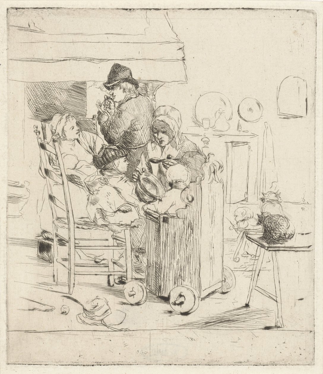 Keukenscène met kinderen door Louis Bernard Coclers