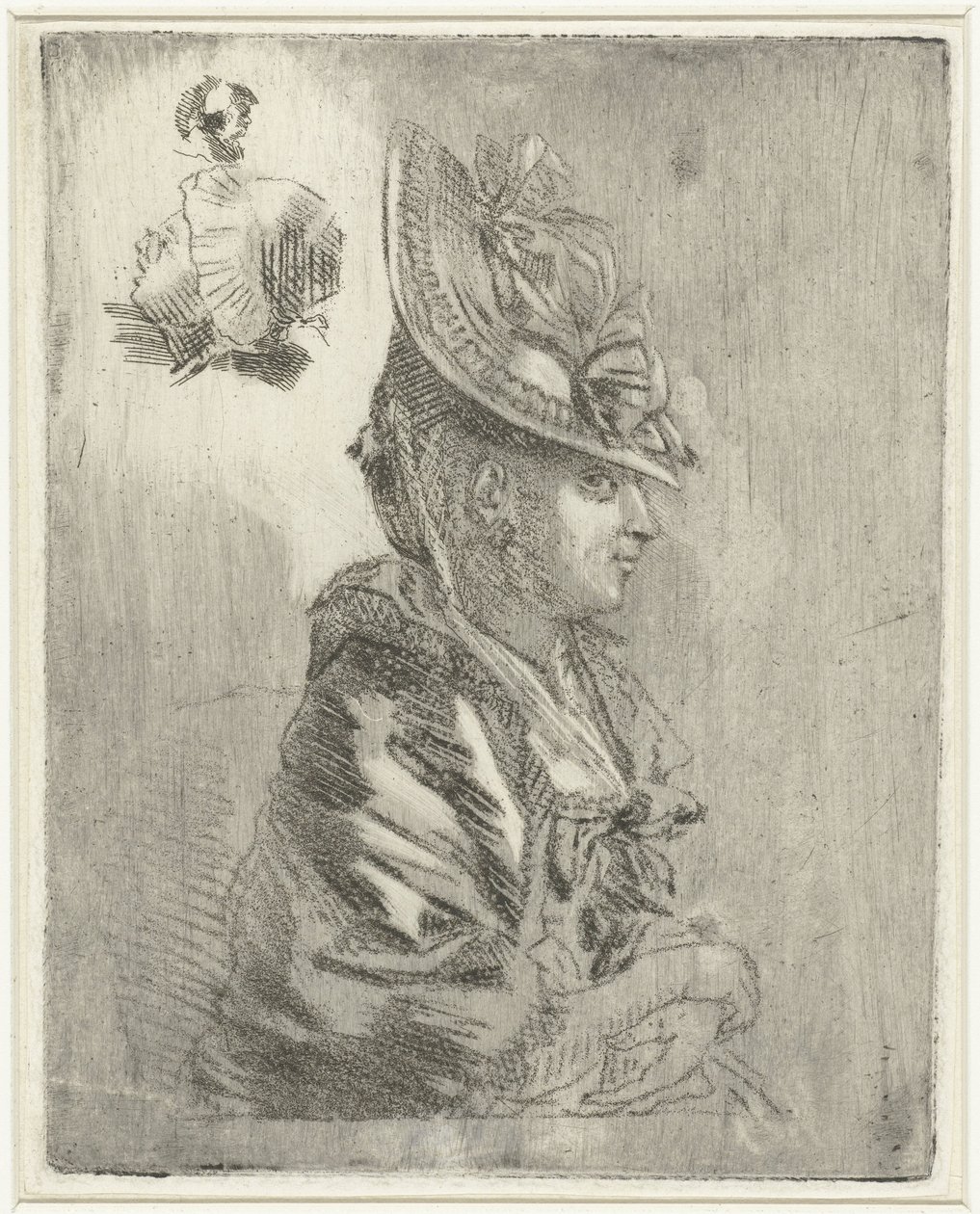 Studieblad met het portret van een jonge vrouw met hoed en twee kleinere portretten door Louis Bernard Coclers
