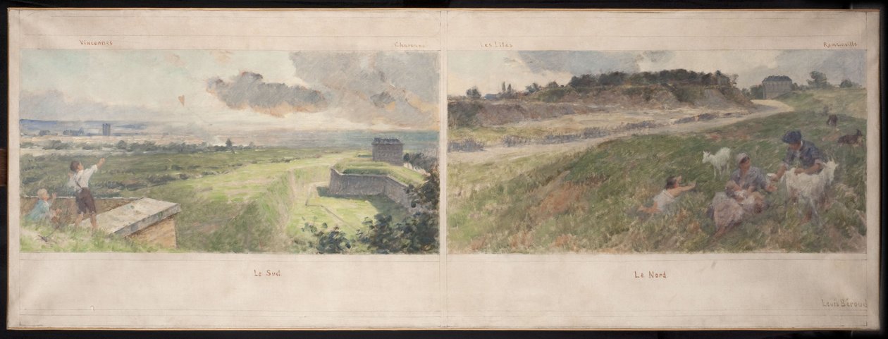 Schets voor het stadhuis van Bagnolet: Twee uitzichten op de omgeving van Bagnolet (noord en zuid) door Louis Beroud