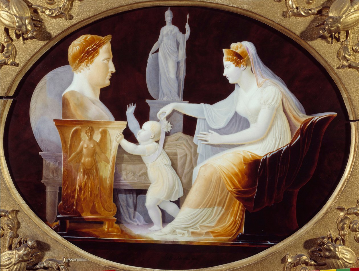 De keizerin Marie Louise die de eerste stappen van de koning van Rome Napoleon II, hertog van Reichstadt (1811-1832), zoon van keizer Napoleon I (1769-1821), begeleidt, voor het borstbeeld van zijn vader Porseleinen plaat door Louis Bertin Parant (1768-185 door Louis Bertin Parant