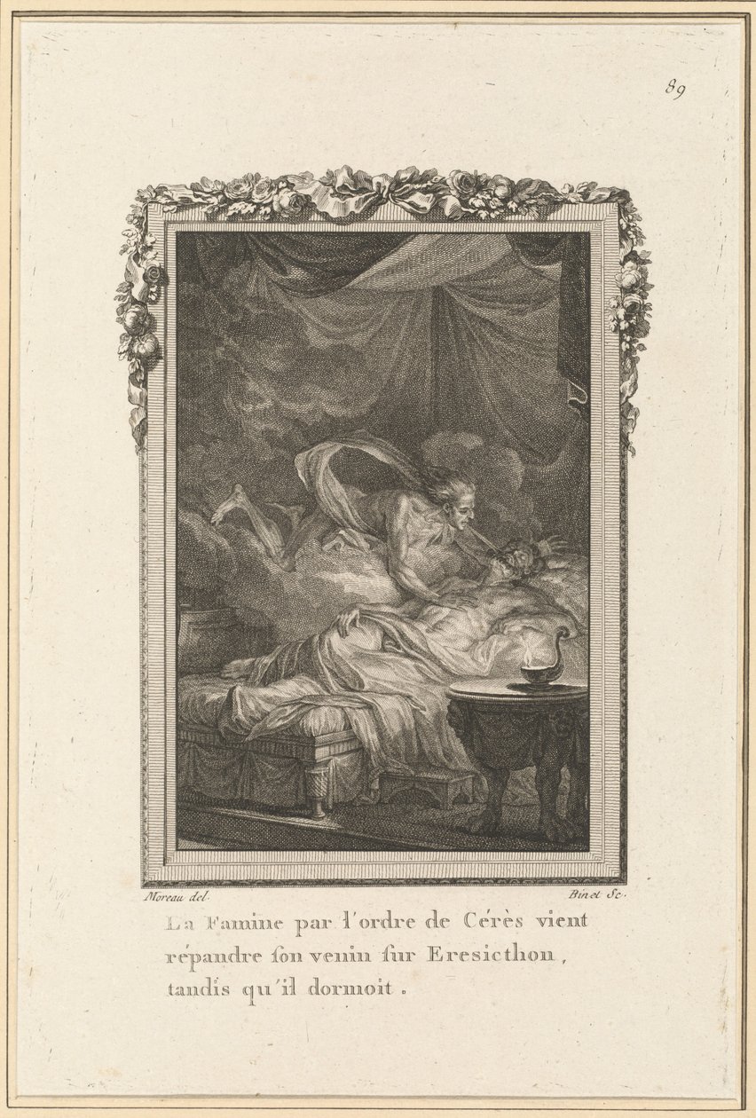 De hongersnood door het bevel van Ceres komt zijn gif verspreiden over Eresicthon, terwijl hij sliep door Louis Binet after Jean Michel Moreau