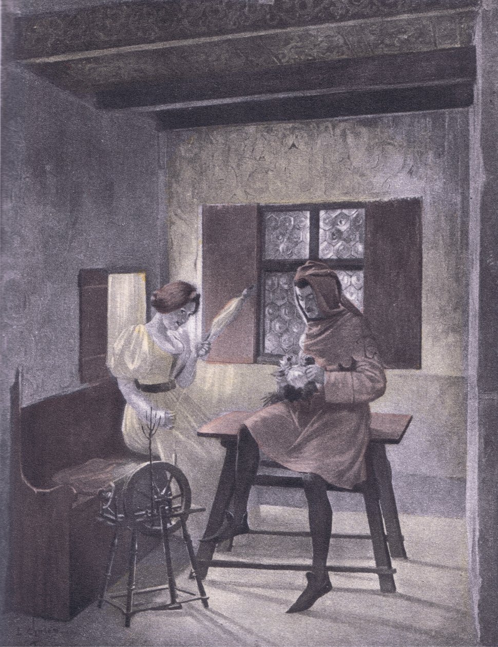 Simona aan het spinnen, illustratie uit Decameron van Boccaccio door Louis Chalon