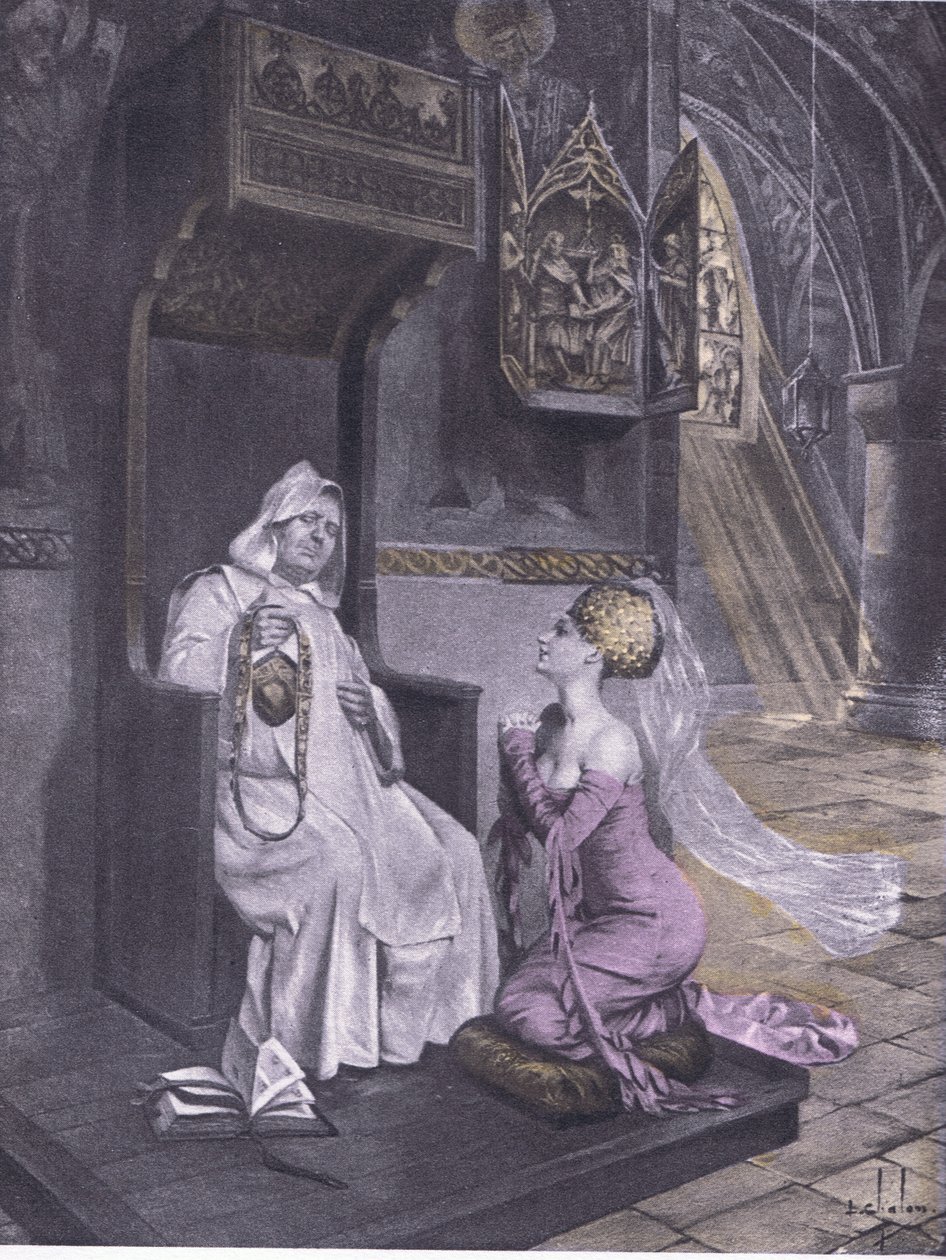 De dame en de monnik, illustratie uit Decameron van Boccaccio uitgegeven door Navarre Society jaren 1930 (litho) door Louis Chalon