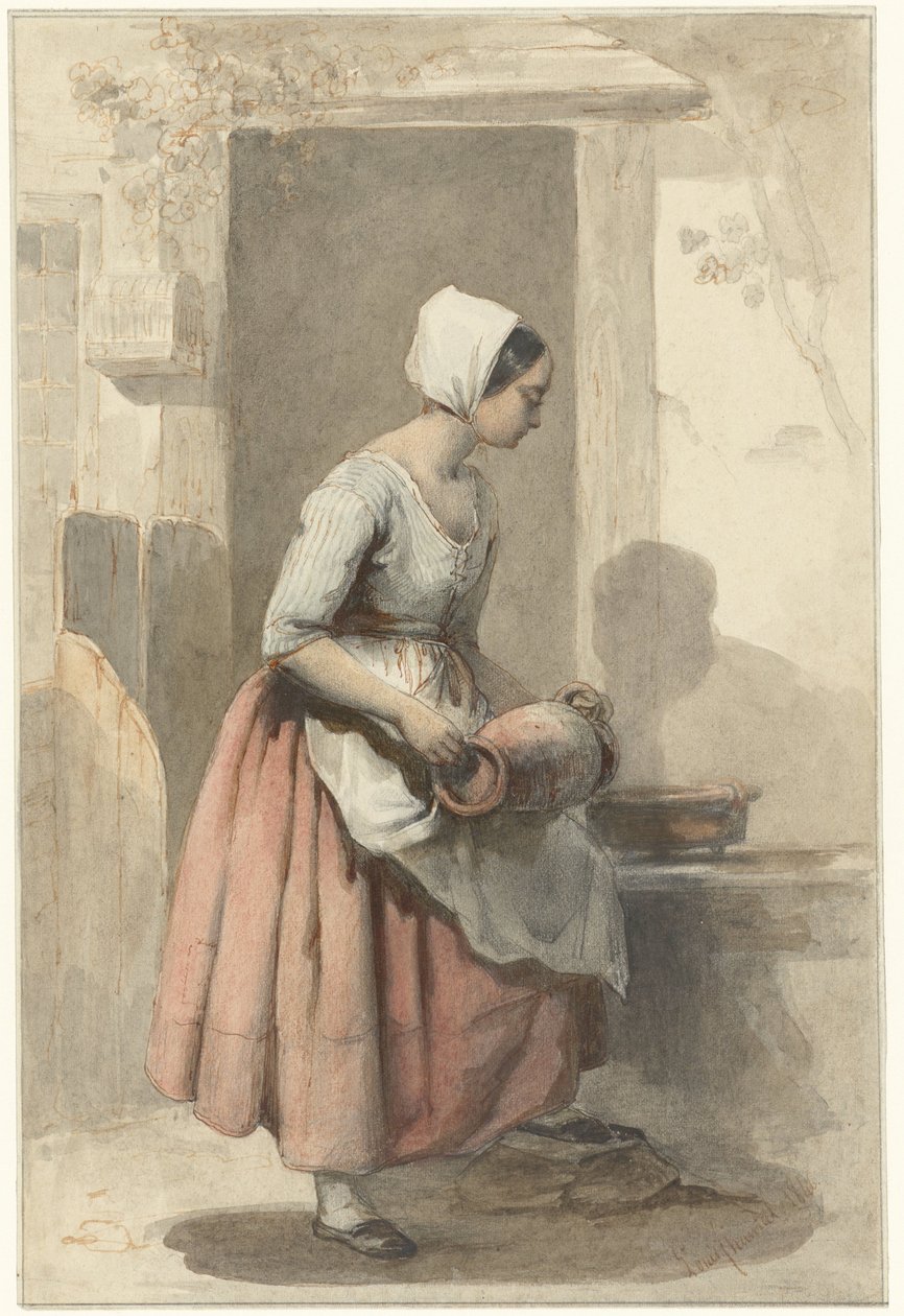 Meisje met een kruik bij de ingang van een woning door Louis Chantal