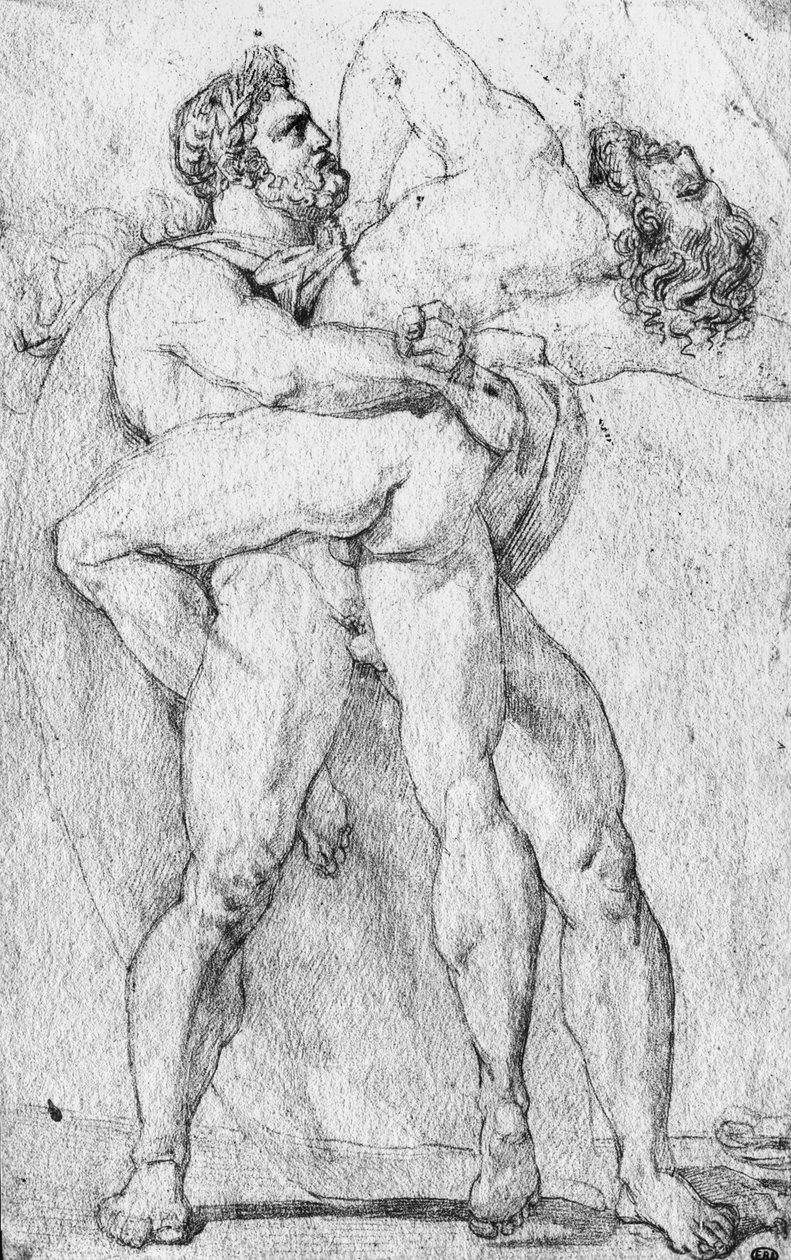 Hercules wurgt Antaeus door Louis Charles Auguste Couder