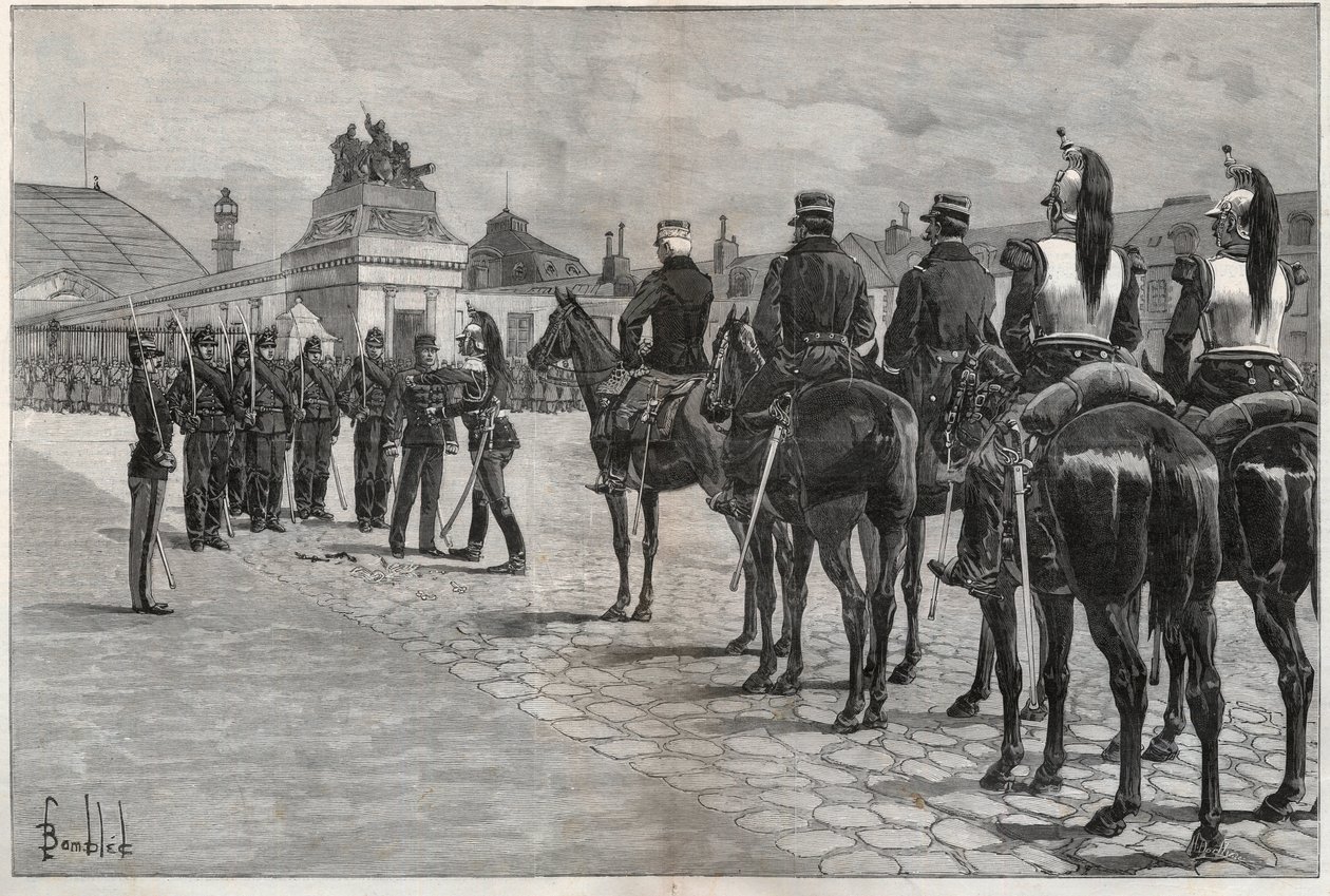 Degradatie van Alfred Dreyfus - Dreyfus-affaire: De degradatie van Alfred Dreyfus in de binnenplaats van de École Militaire Parijs, 5 januari 1895. Gravure in 