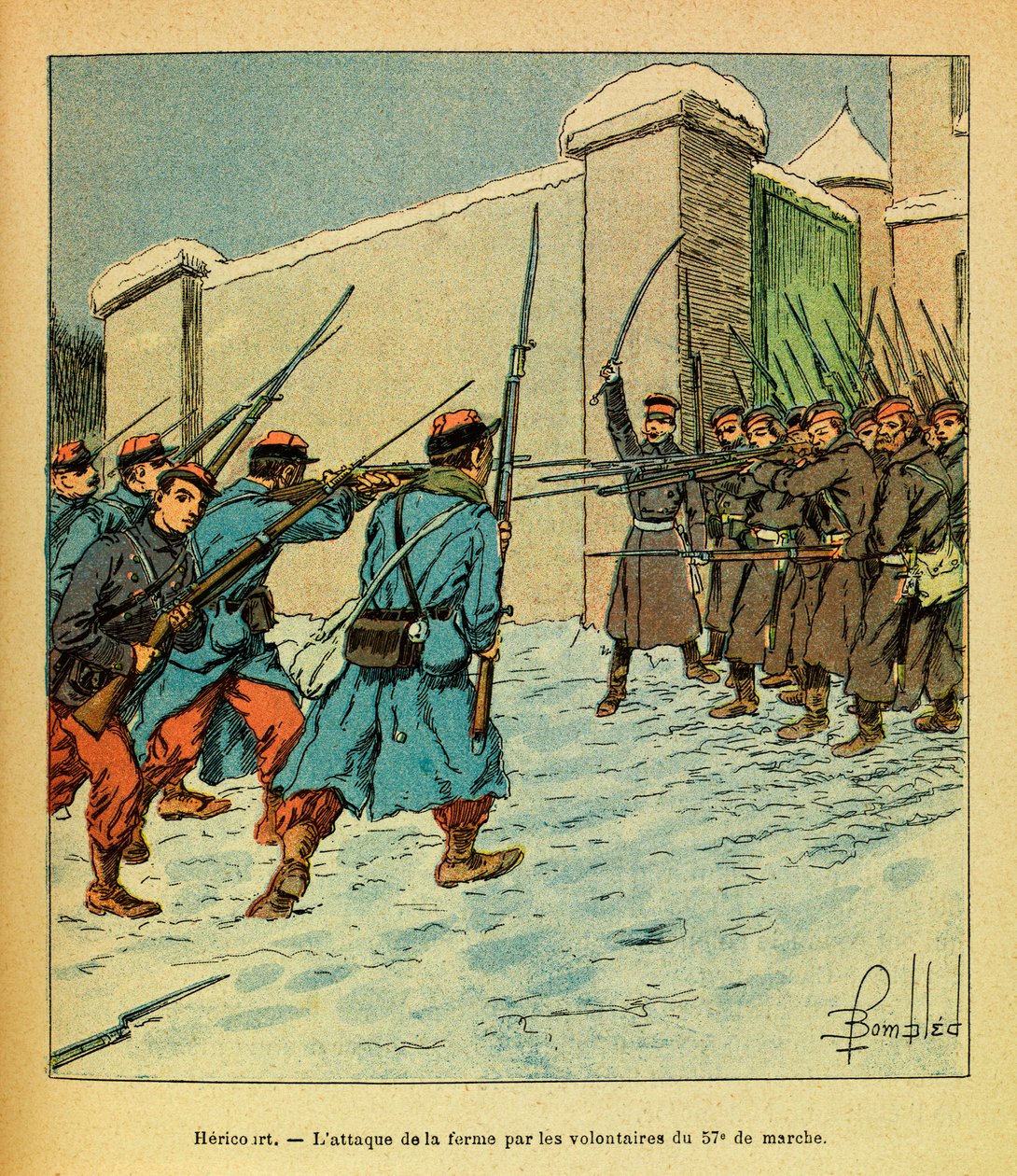 Januari 1871, Hericourt, de Franse vrijwilligers van de 57e marche in de aanval op een boerderij door Louis Charles Bombled