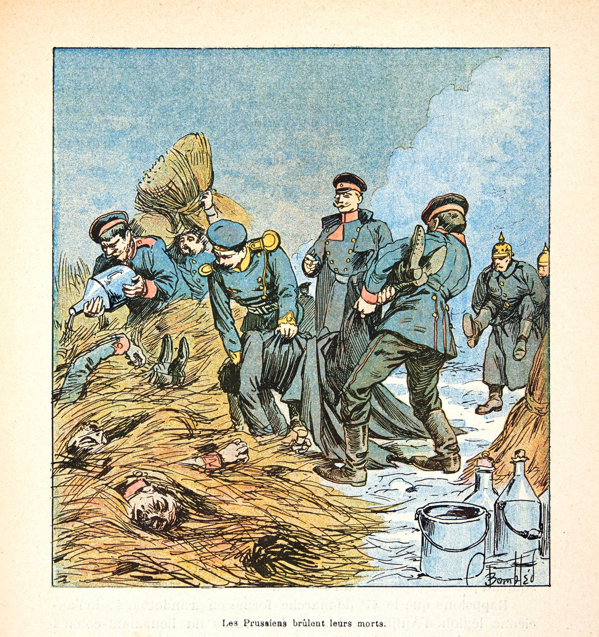 Het leger van de Loire door Eugene Sergent, alias Grenest, geïllustreerd door Louis Bombled (1862-1927) (Frans-Duitse Oorlog; campagne van 1870-1871): Pruisen verbranden hun doden tijdens de oorlog van 1870, Privécollectie door Louis Charles Bombled