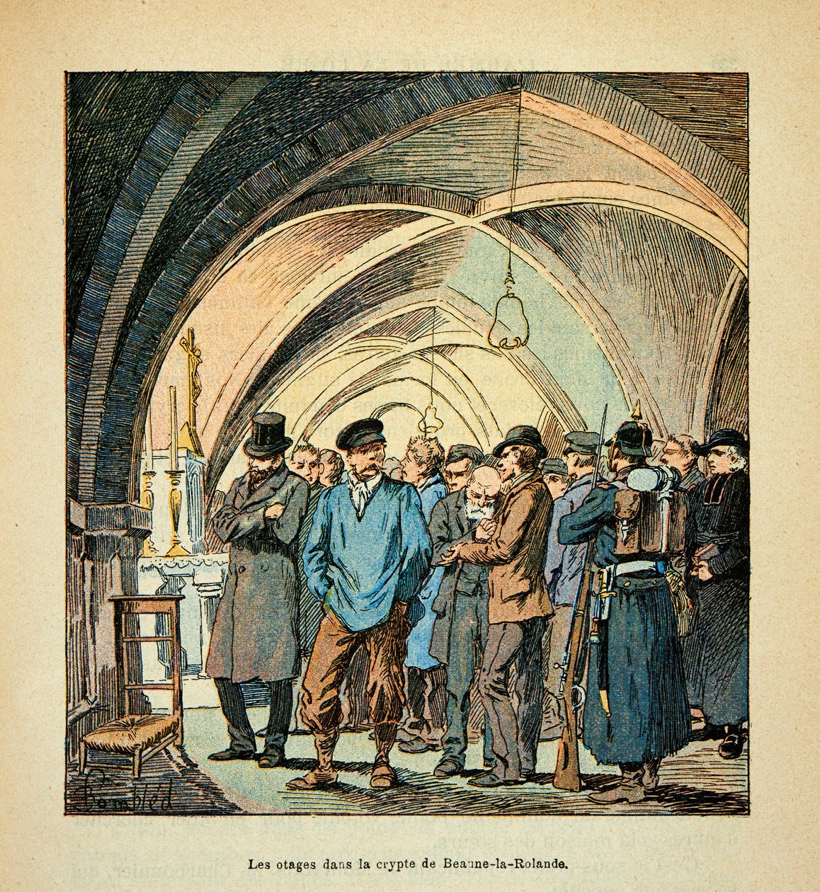 Franse gijzelaars in de crypte van Beaune La Rolande tijdens de gevechten op 28 november 1870, privécollectie door Louis Charles Bombled
