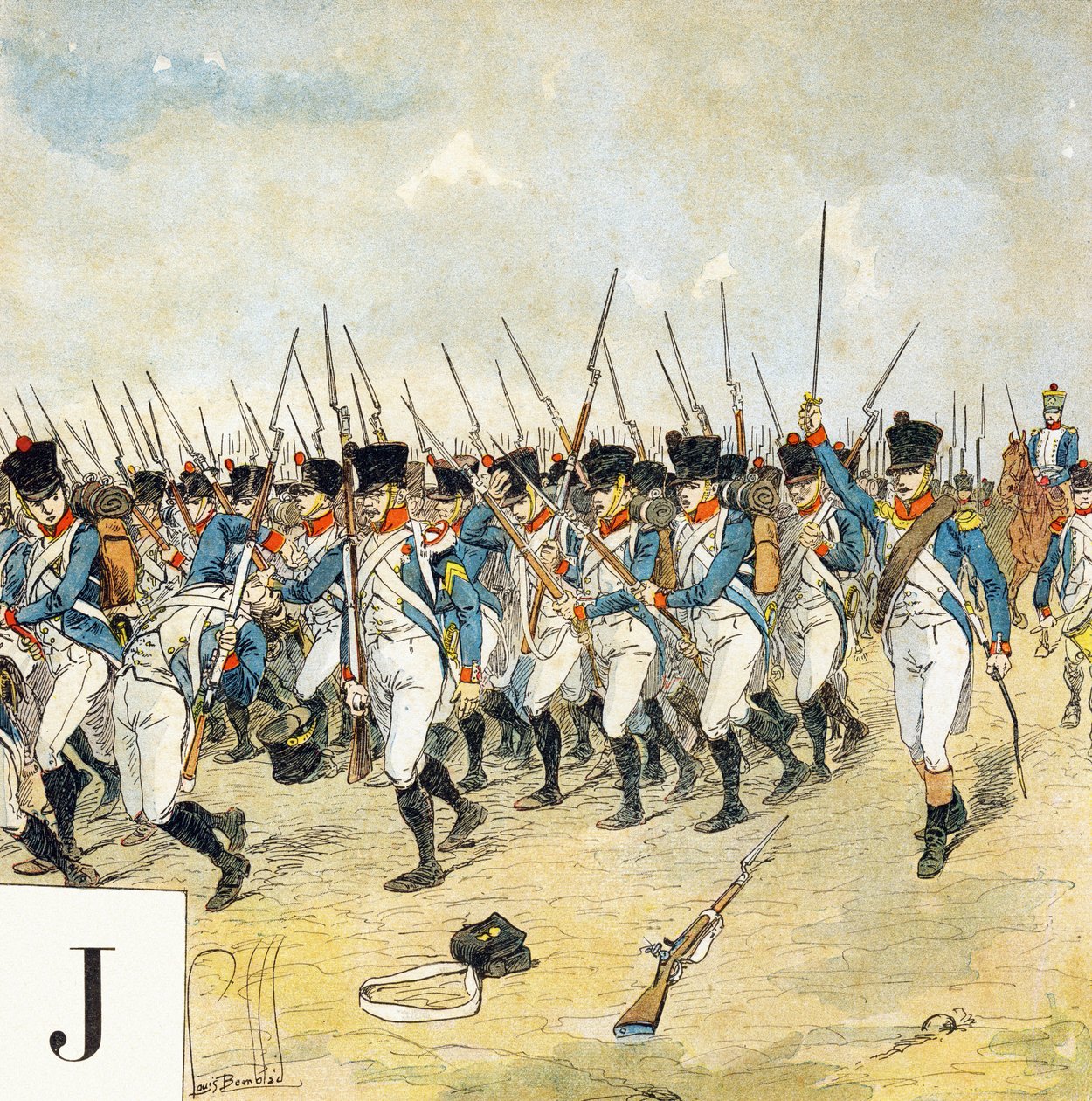 Letter J: Jonge garde, "Je serai soldat" (Ik zal soldaat worden) - Militair alfabet door Louis Charles Bombled