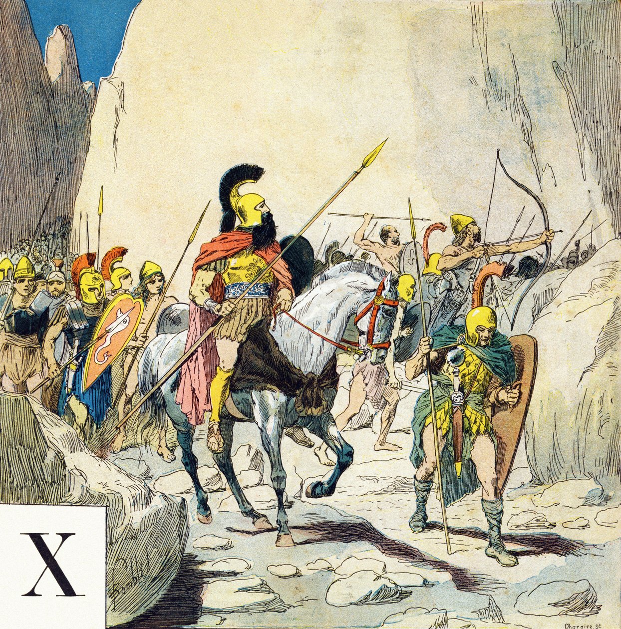 Letter X: Xenophon (430-355 v.Chr.), Griekse militaire leider, en zijn leger, "Je serai soldat" (Ik zal soldaat worden) - Militair alfabet door Louis Charles Bombled