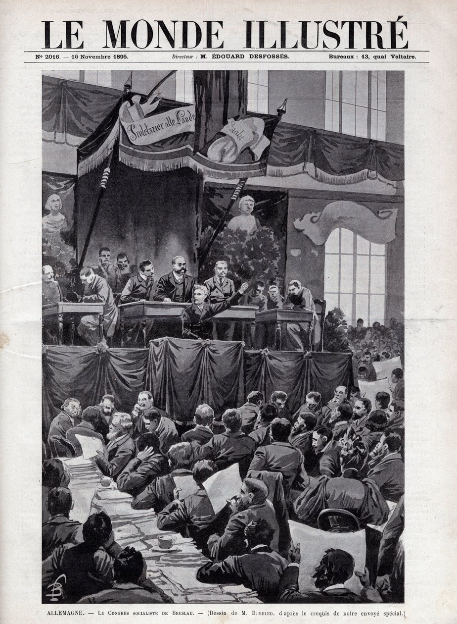 Toespraak van August Bebel (1840-1913) tijdens het Socialistisch Congres van Breslau in Duitsland in 1895 - Gravure in 
