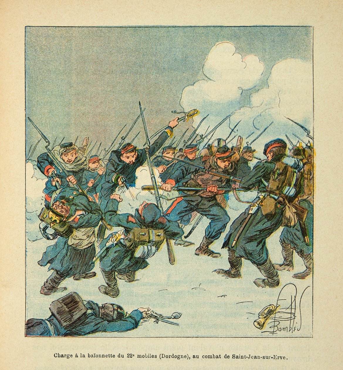 De Armee van de Loire: aanval met de bajonet van de 22e mobiele (Dordogne) in de slag bij Saint Jean sur Evre in januari 1871 door Louis Charles Bombled