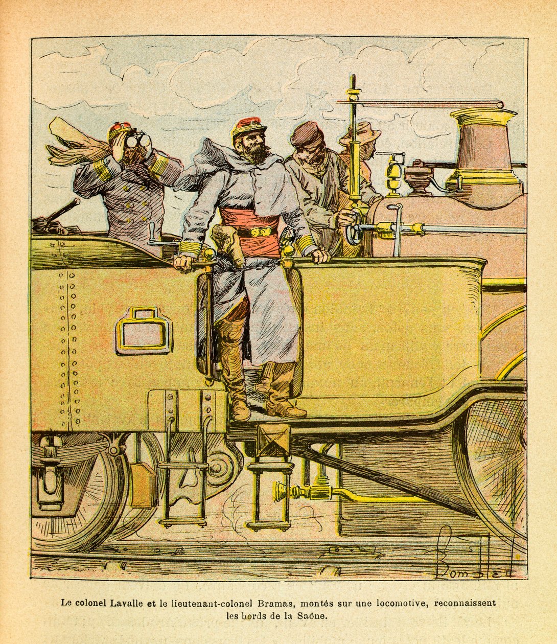 Het Oostelijke Leger van Eugene Sergeant, bekend als Grenest, geïllustreerd door Louis Bombled (1862-1927) (Frans-Duitse Oorlog; campagne van 1870-1871): In december 1870 erkenden kolonel Lavalle en luitenant-kolonel Bramas, gezeten op een locomotief, de o door Louis Charles Bombled