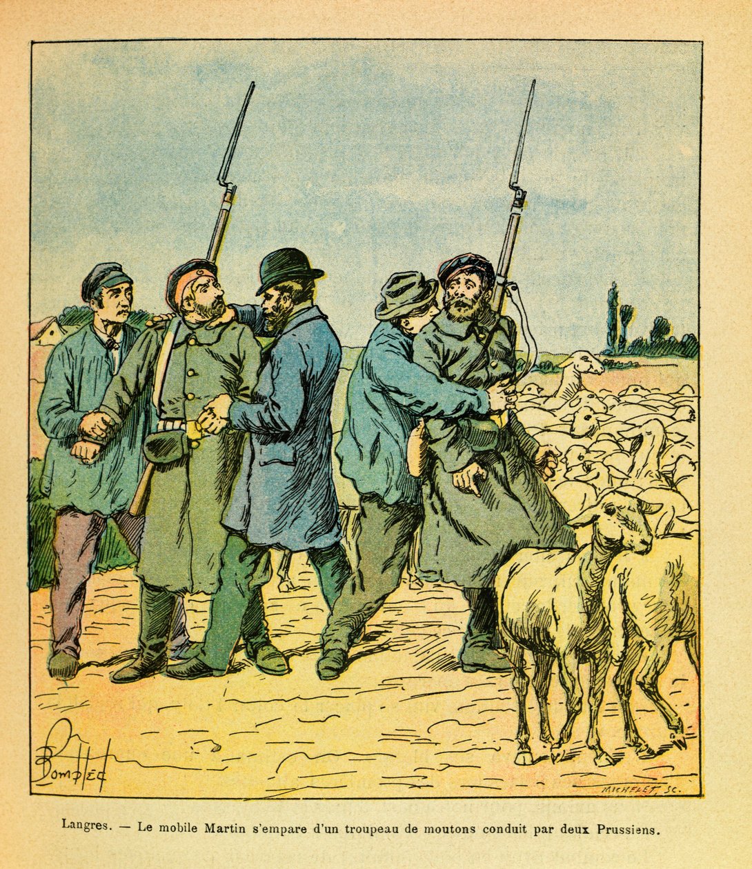 Het Oostelijke Leger van Eugene Sergeant, alias Grenest, geïllustreerd door Louis Bombled (1862-1927) (Frans-Duitse Oorlog; campagne van 1870-1871): De Martin mobiel, vermomd als boer, nam een kudde schapen in beslag die door twee Pruisen naar Langres werd door Louis Charles Bombled