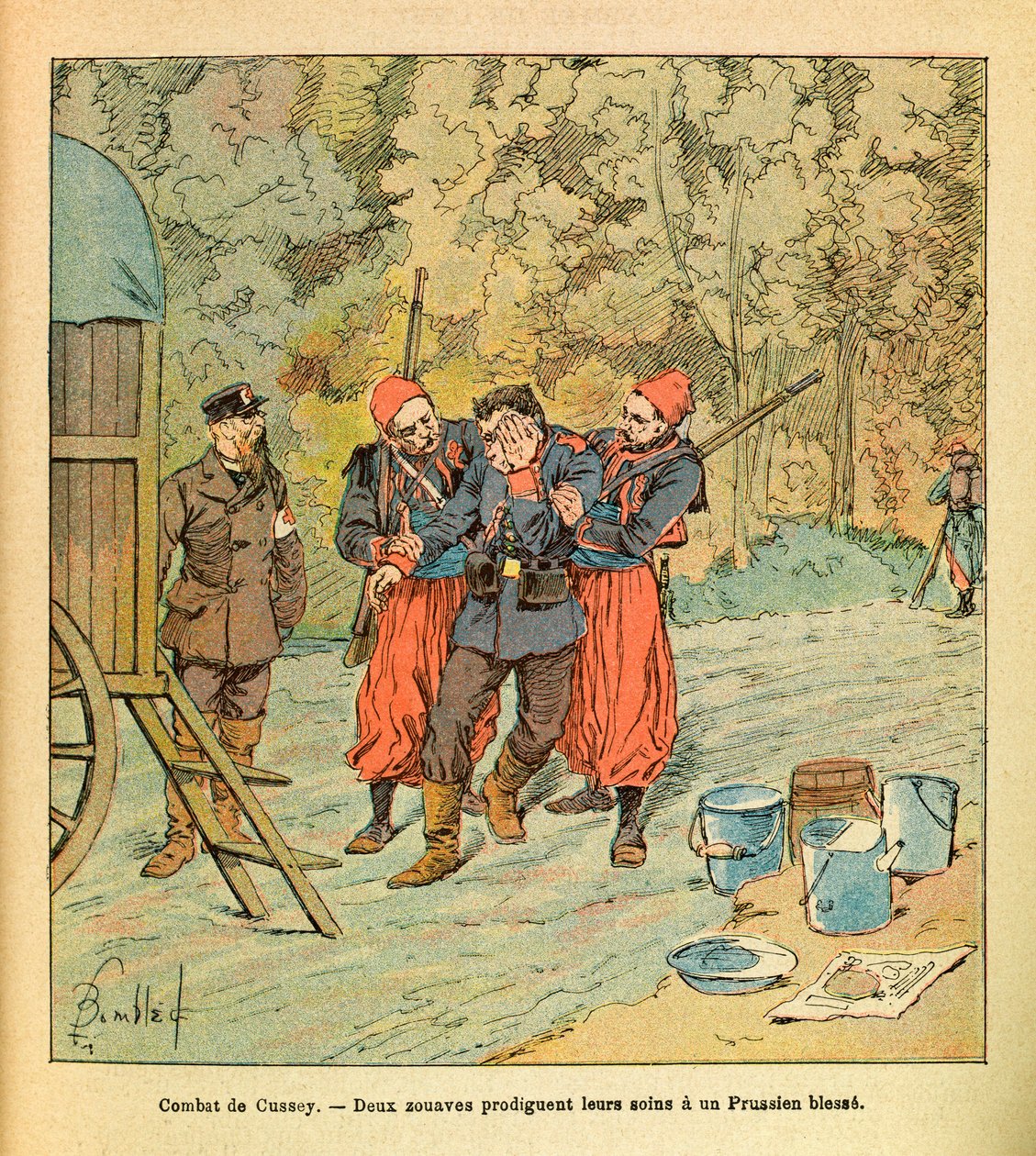 Het Oostelijke Leger van Eugene Sergeant, bekend als Grenest, geïllustreerd door Louis Bombled (1862-1927) (Frans-Duitse Oorlog; campagne van 1870-1871): Slag bij Cussey, oktober 1870, twee Zouaven verlenen zorg aan een gewonde Pruis, Collectie Gedeeltelij door Louis Charles Bombled