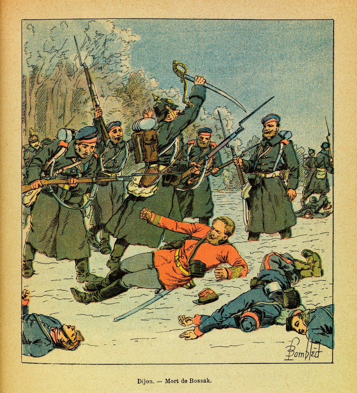 Het Oostelijke Leger van Eugene Sergeant, genaamd Grenest, geïllustreerd door Louis Bombled (1862-1927) (Frans-Duitse Oorlog; campagne van 1870-1871): Dood van Generaal Bossak-Hauke op de plaats bekend als La Cap door Louis Charles Bombled