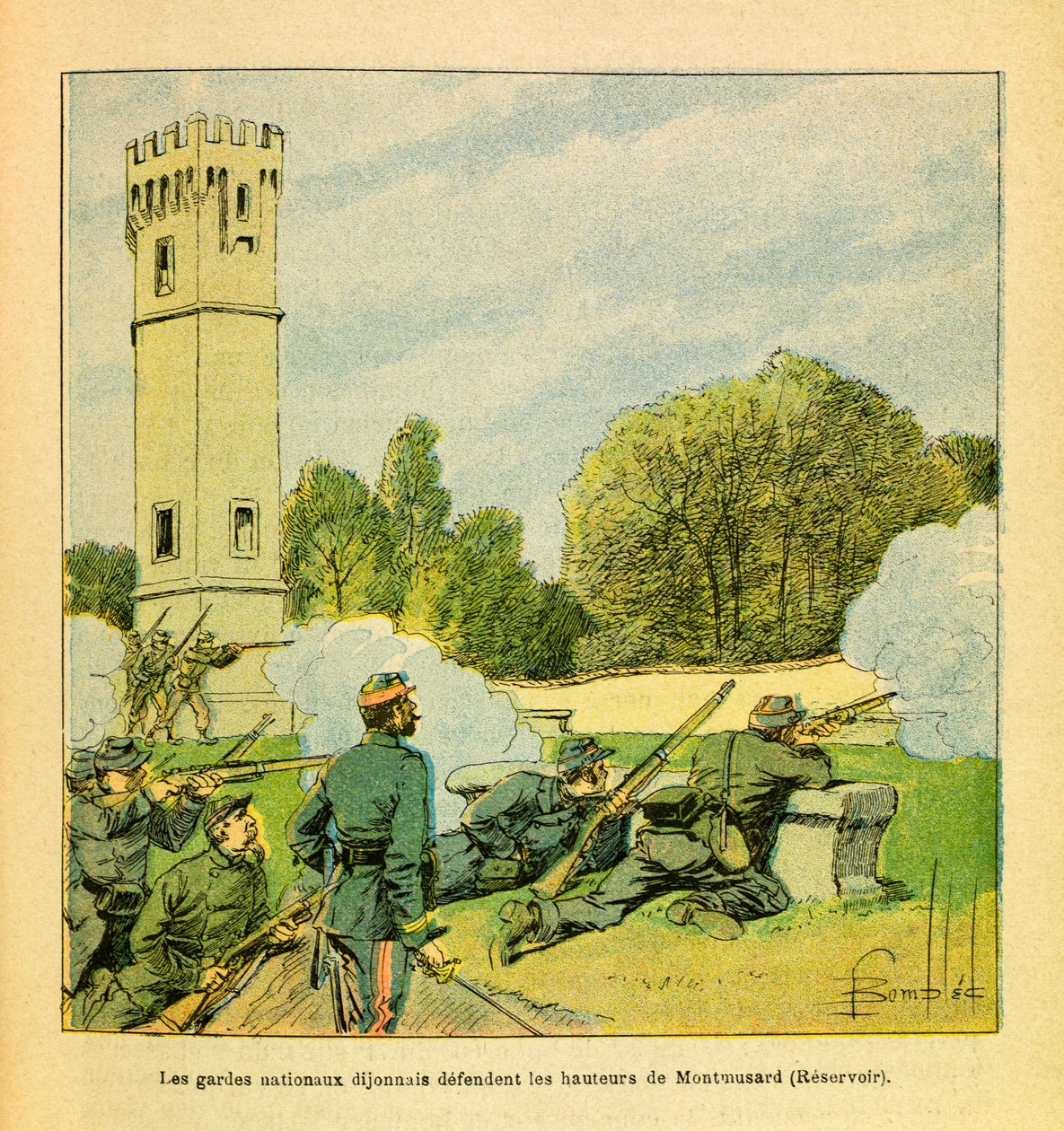 Het Oostelijke Leger van Eugene Sergeant, genaamd Grenest, geïllustreerd door Louis Bombled (1862-1927) (Frans-Duitse Oorlog; campagne van 1870-1871): Verdediging van Dijon in oktober 1870, De Nationale Garde van Dijon verdedigt de hoogten van Montmusard,  door Louis Charles Bombled