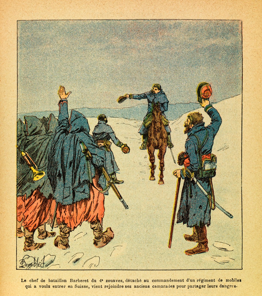 Het Oostelijke Leger van Eugene Sergeant, bekend als Grenest, geïllustreerd door Louis Bombled (1862-1927) (Frans-Duitse Oorlog; campagne van 1870-1871): De leider van de Barberet-bataljons van de 4e Zouaven, detacheringen om een regiment van mobiele troep door Louis Charles Bombled
