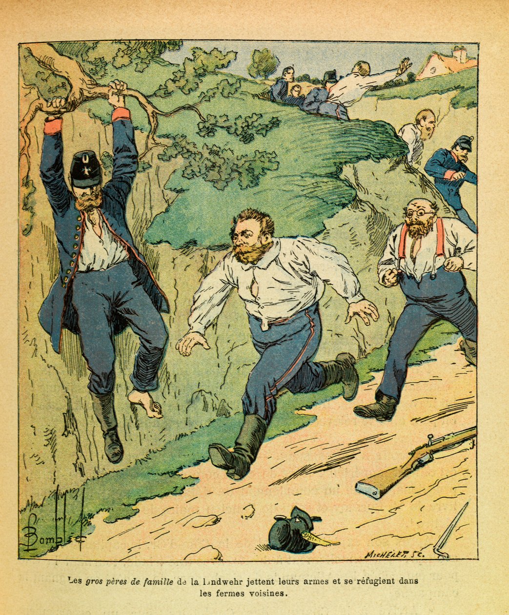 Het oostelijke leger van Eugene Sergeant, bekend als Grenest, geïllustreerd door Louis Bombled (Frans-Duitse Oorlog; campagne van 1870-1871): Duitse troepen vluchten Chatillon sur Seine voor de troepen van Ricciotti Garibaldi in november 1870, privécollect door Louis Charles Bombled