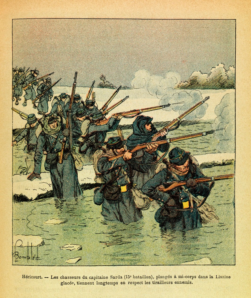 Januari 1871, Hericourt, de jagers van kapitein Sarda duiken half in het ijs van de Lisaine door Louis Charles Bombled