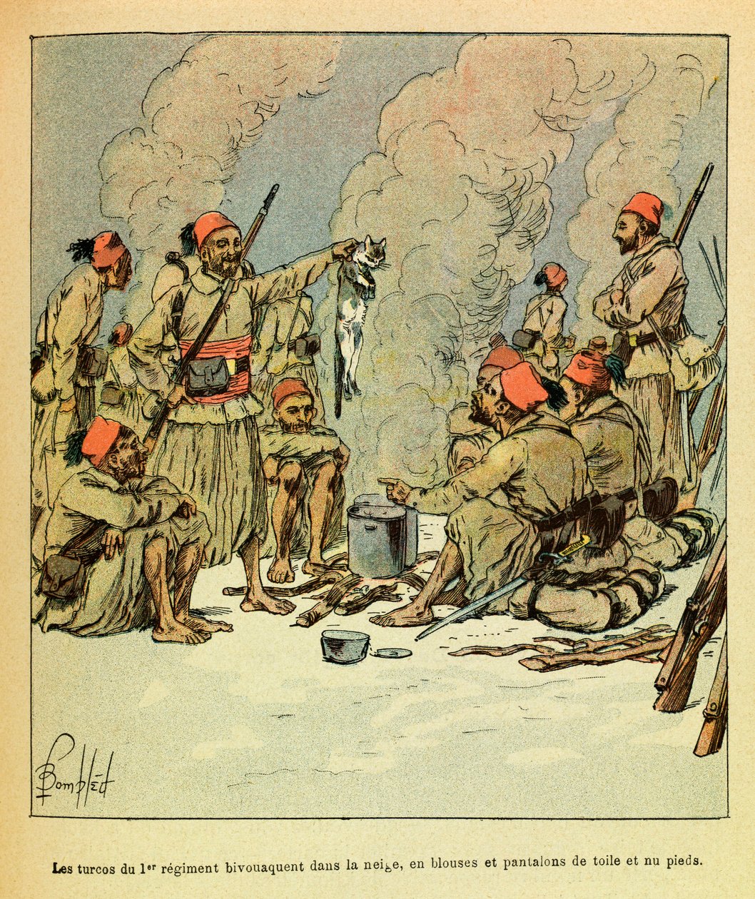 Januari 1871, de Turcos van het 1e regiment bivakkeren in de sneeuw, in blouses en canvas broeken en op blote voeten door Louis Charles Bombled