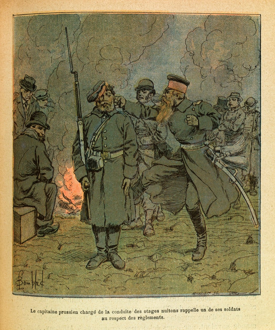 Een Pruisische kapitein verantwoordelijk voor de begeleiding van de gijzelaars van Nuits Saint Georges roept een van zijn soldaten terug door Louis Charles Bombled