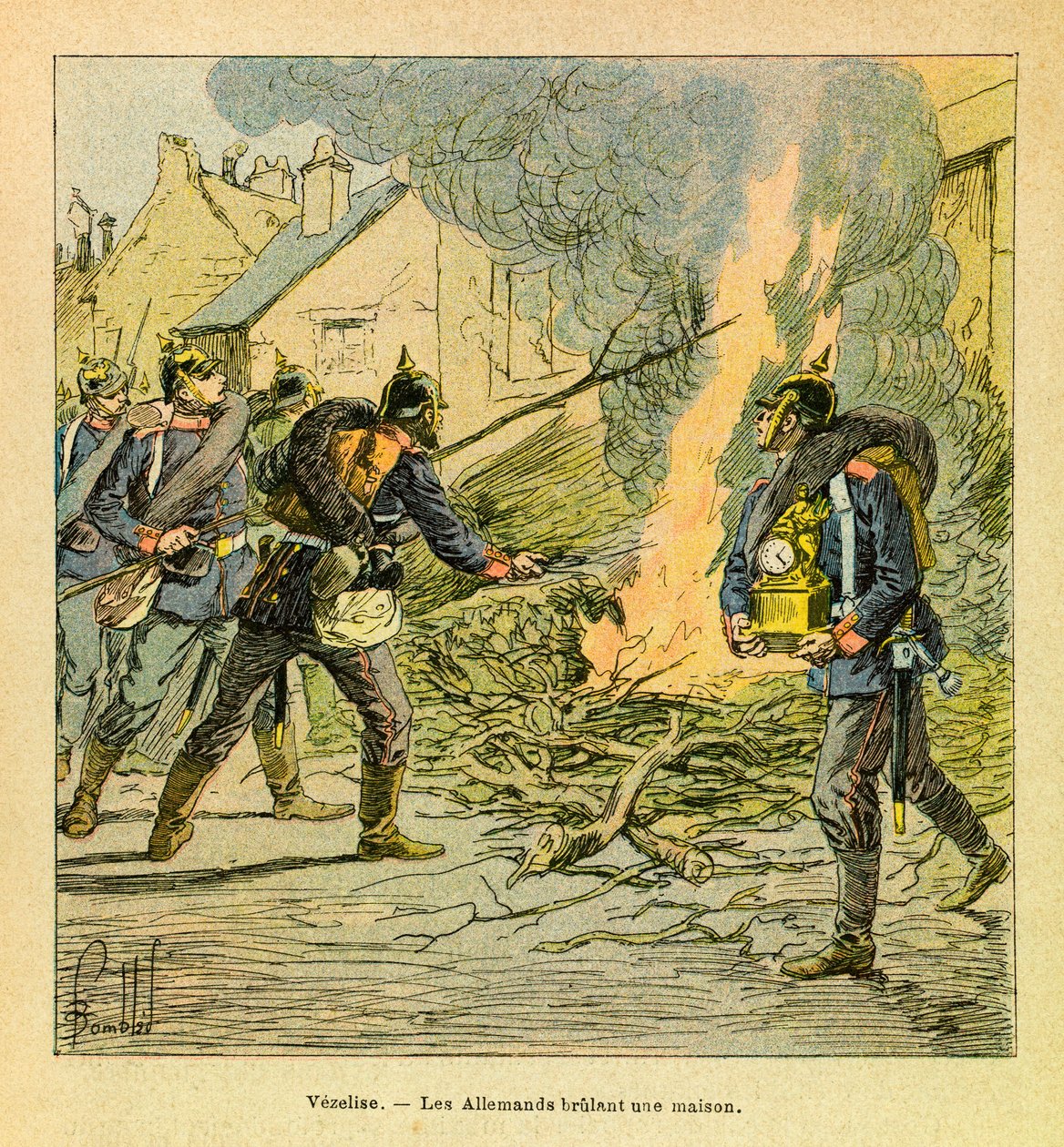 In Vezelise, de Pruisen na het binnenvallen van de stad, branden een huis door Louis Charles Bombled