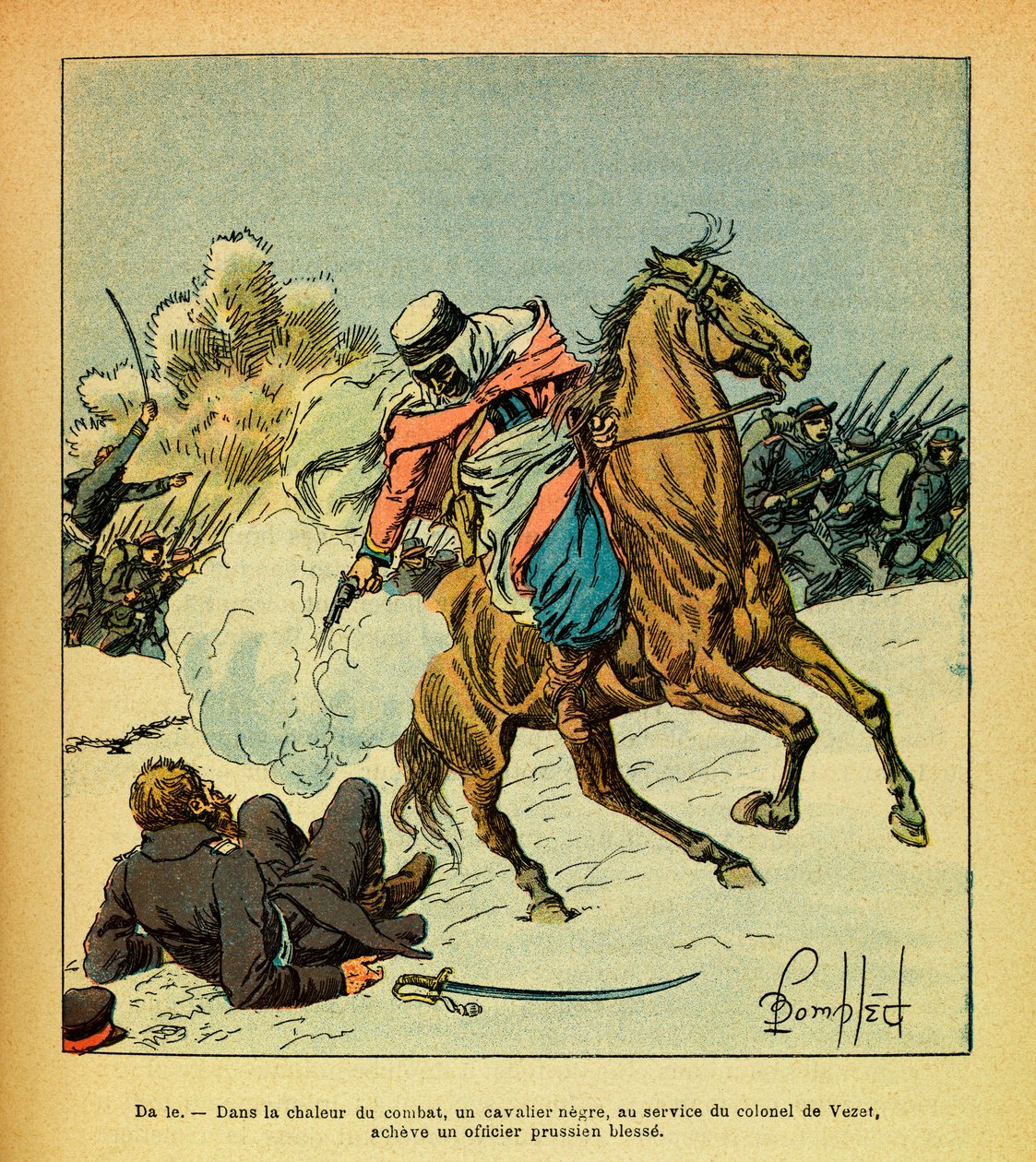 Het Oostelijke Leger van Eugene Sergeant, alias Grenest, geïllustreerd door Louis Bombled (1862-1927) (Frans-Duitse Oorlog; campagne van 1870-1871): januari 1871, een zwarte ruiter in dienst van kolonel De Vezet maakt een gewonde Pruisische officier af, Co door Louis Charles Bombled