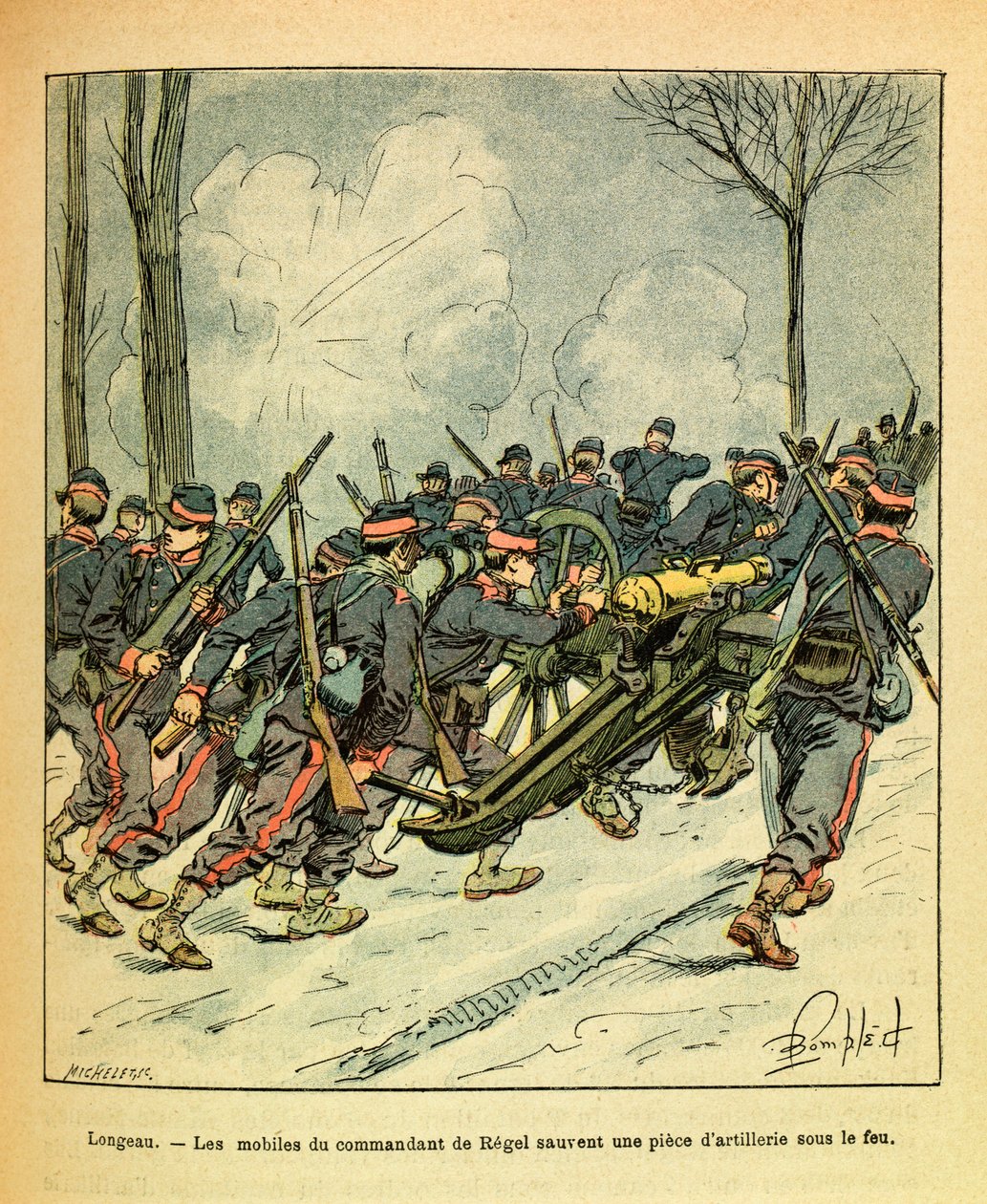 Het Oostelijke Leger van Eugene Sergeant, alias Grenest, geïllustreerd door Louis Bombled (1862-1927) (Frans-Duitse Oorlog; campagne van 1870-1871): december 1870, tijdens de Slag bij Longeau, redden de motieven van de commandant van Regel een kanon onder  door Louis Charles Bombled